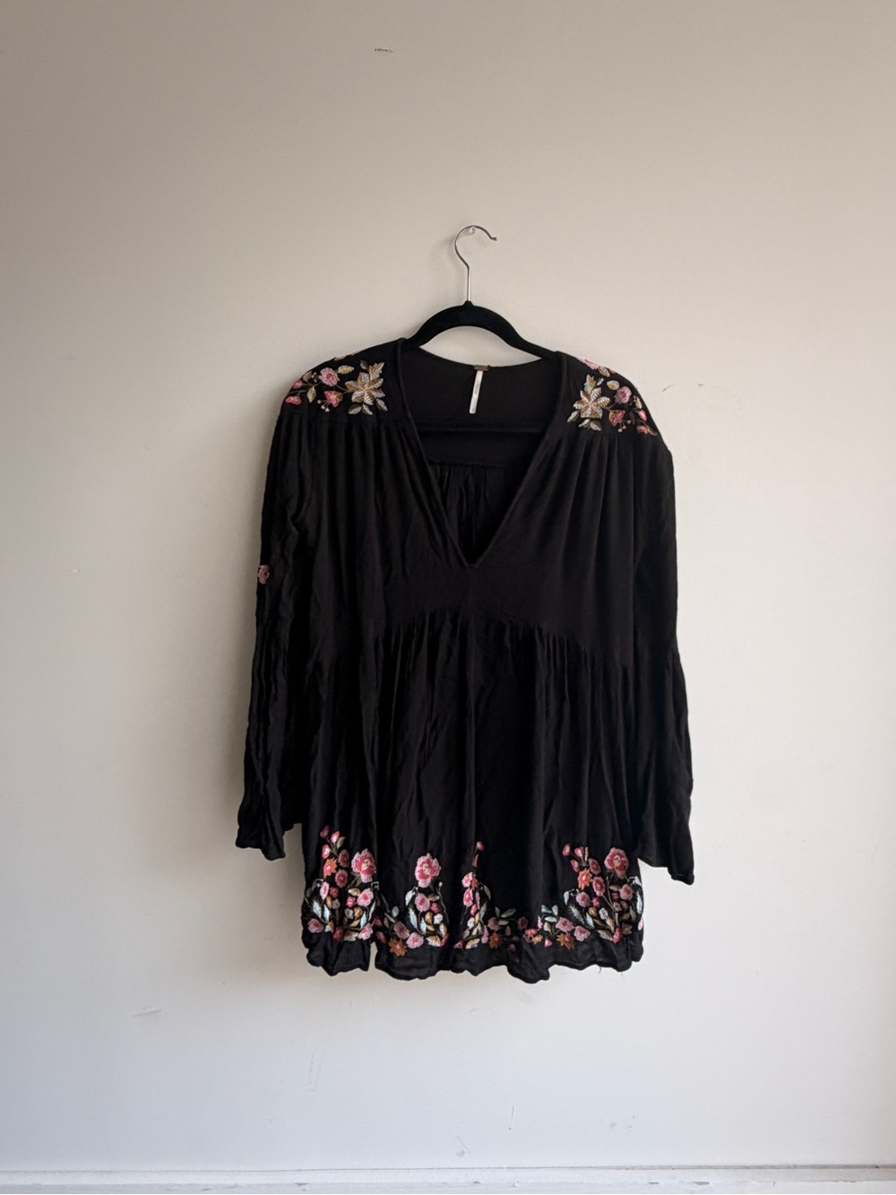Free People Black Tunic with Pink and Cream Floral Embroidery